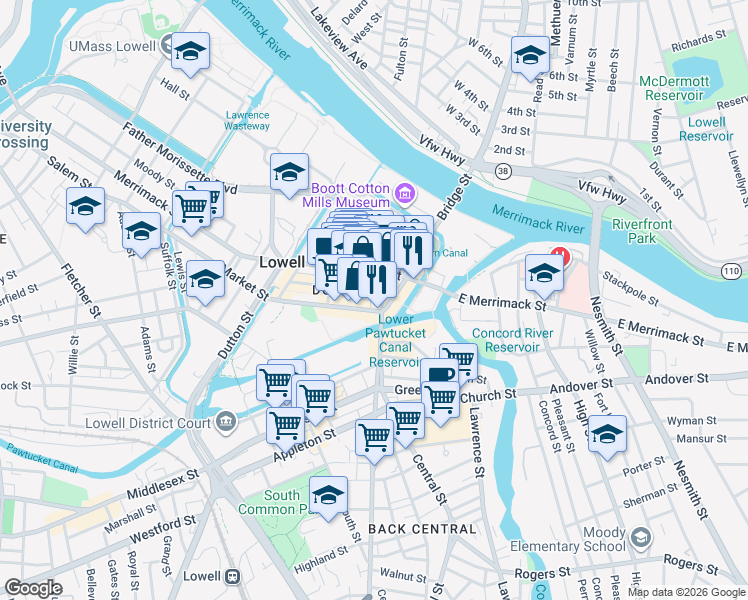 map of restaurants, bars, coffee shops, grocery stores, and more near 29-31 Central Street in Lowell
