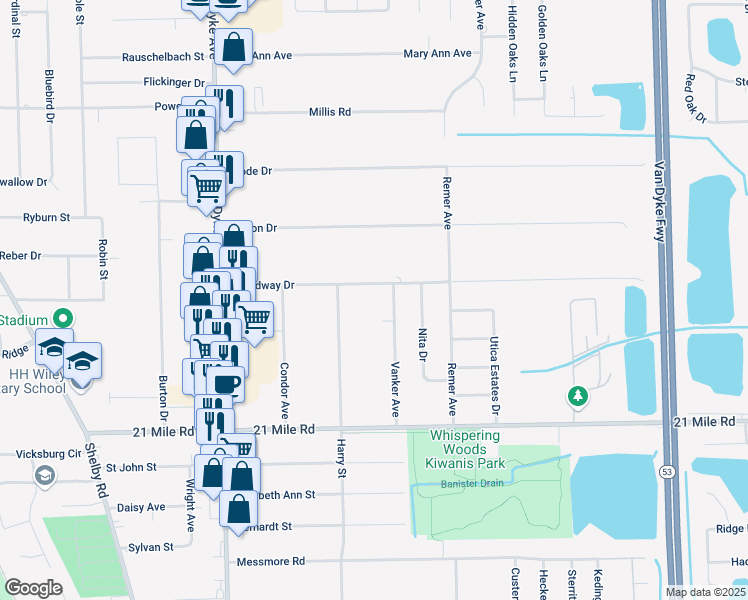 map of restaurants, bars, coffee shops, grocery stores, and more near 8676 Speedway Drive in Macomb County