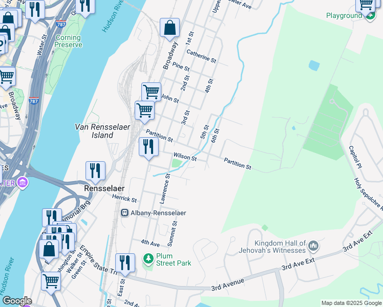 map of restaurants, bars, coffee shops, grocery stores, and more near 66 Partition St in Rensselaer