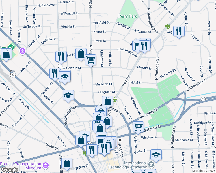 map of restaurants, bars, coffee shops, grocery stores, and more near 63 Mathews Street in Pontiac