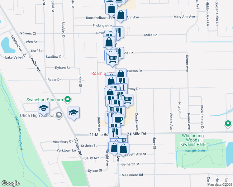 map of restaurants, bars, coffee shops, grocery stores, and more near 47540 Van Dyke Ave in Utica