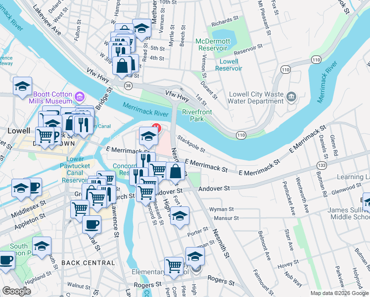 map of restaurants, bars, coffee shops, grocery stores, and more near 215 Stackpole Street in Lowell