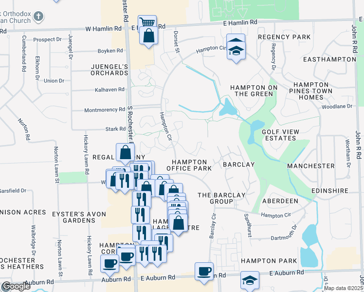 map of restaurants, bars, coffee shops, grocery stores, and more near Woodview Court in Rochester