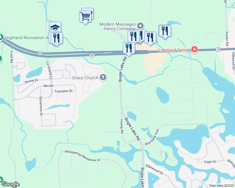map of restaurants, bars, coffee shops, grocery stores, and more near 300 Bogie Lake Road in White Lake charter Township