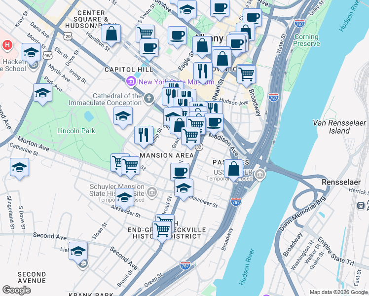 map of restaurants, bars, coffee shops, grocery stores, and more near 35 Trinity Place in Albany