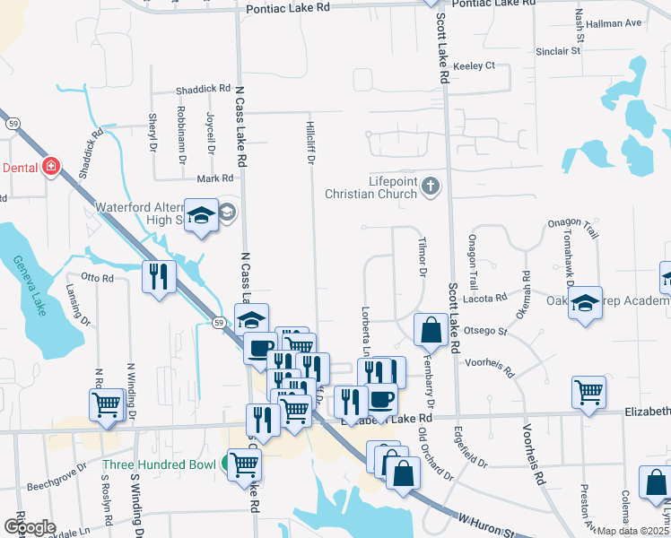 map of restaurants, bars, coffee shops, grocery stores, and more near 388 Hillcliff Drive in Waterford Township