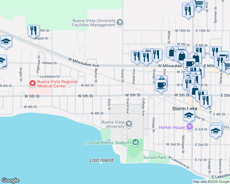 map of restaurants, bars, coffee shops, grocery stores, and more near 819 West 5th Street in Storm Lake