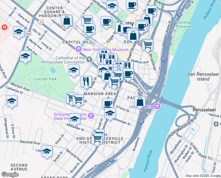 map of restaurants, bars, coffee shops, grocery stores, and more near 41 Trinity Place in Albany