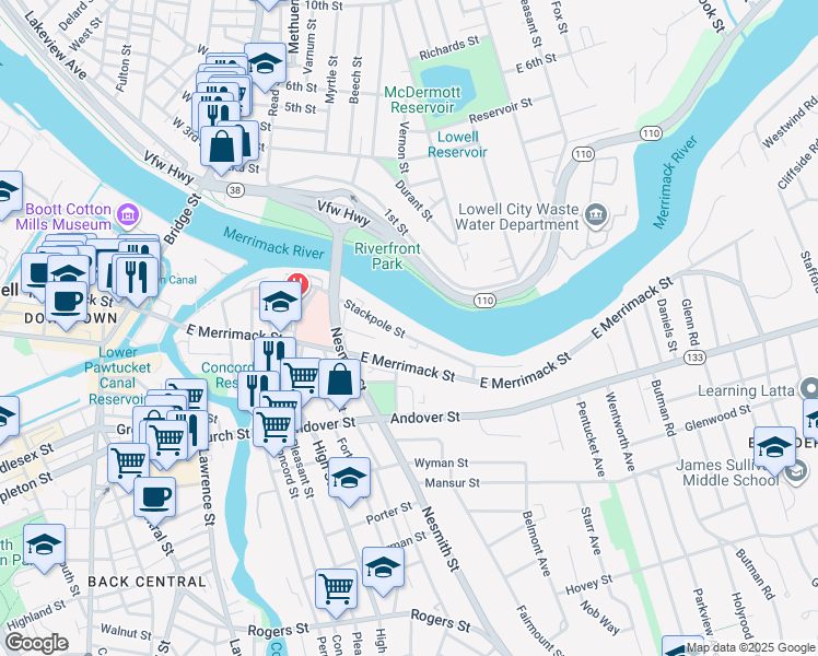 map of restaurants, bars, coffee shops, grocery stores, and more near 254 Stackpole Street in Lowell