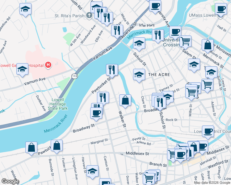 map of restaurants, bars, coffee shops, grocery stores, and more near 45 Walker Street in Lowell