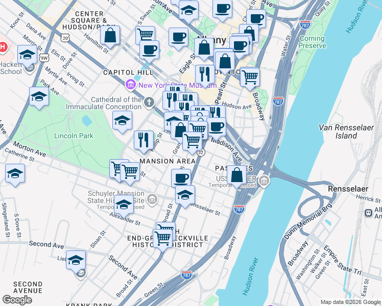 map of restaurants, bars, coffee shops, grocery stores, and more near 35 Trinity Place in Albany