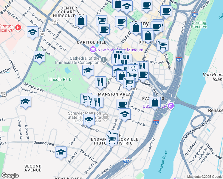 map of restaurants, bars, coffee shops, grocery stores, and more near 3.5 Wilbur Street in Albany