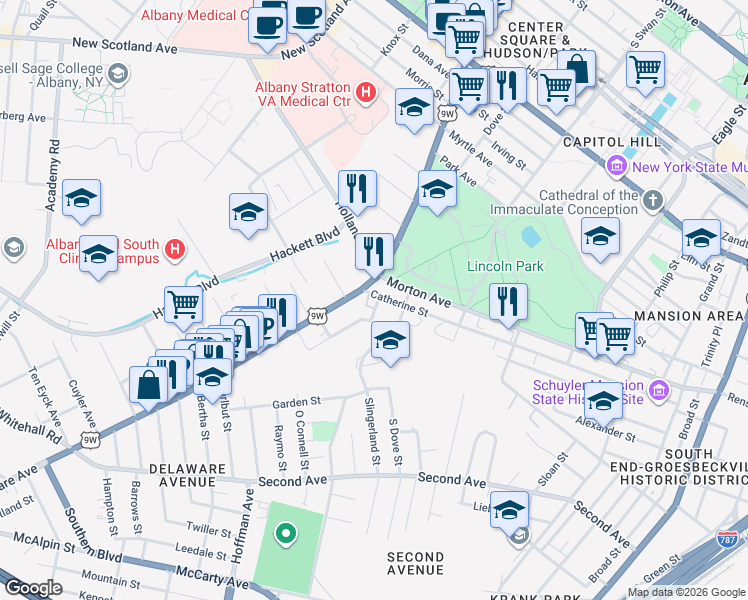 map of restaurants, bars, coffee shops, grocery stores, and more near 176 Delaware Avenue in Albany