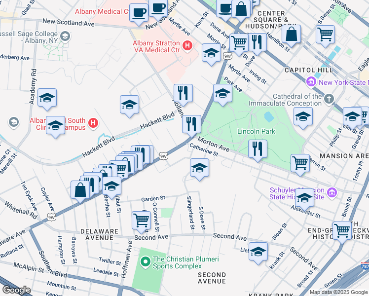 map of restaurants, bars, coffee shops, grocery stores, and more near 176 Delaware Avenue in Albany