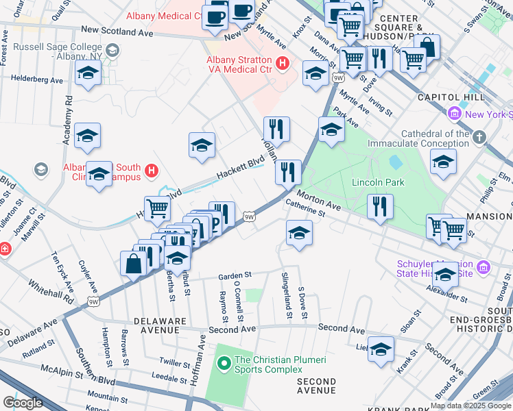 map of restaurants, bars, coffee shops, grocery stores, and more near 205 Delaware Avenue in Albany