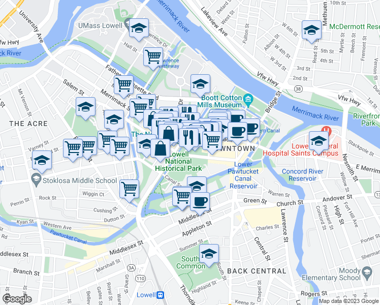 map of restaurants, bars, coffee shops, grocery stores, and more near 205 Market Street in Lowell
