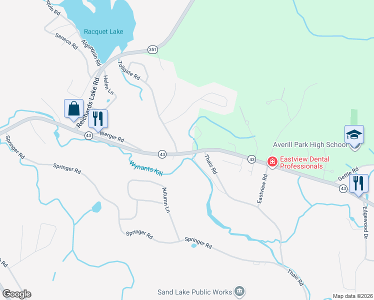 map of restaurants, bars, coffee shops, grocery stores, and more near 3444 New York 43 in Averill Park