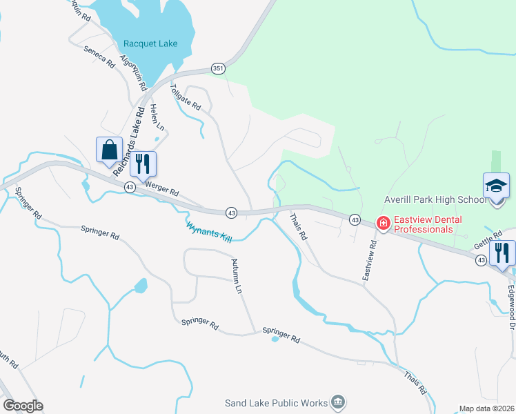 map of restaurants, bars, coffee shops, grocery stores, and more near 3444 New York 43 in Averill Park