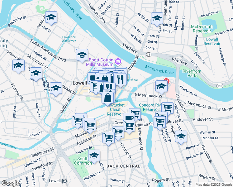 map of restaurants, bars, coffee shops, grocery stores, and more near 27 Kearney Square in Lowell