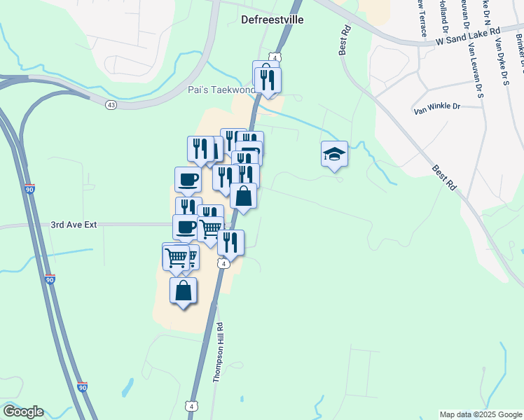 map of restaurants, bars, coffee shops, grocery stores, and more near 3 Grandview Drive in Rensselaer