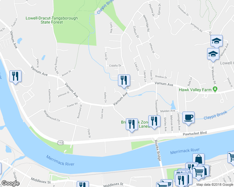 map of restaurants, bars, coffee shops, grocery stores, and more near 26 Klianthi Drive in Lowell