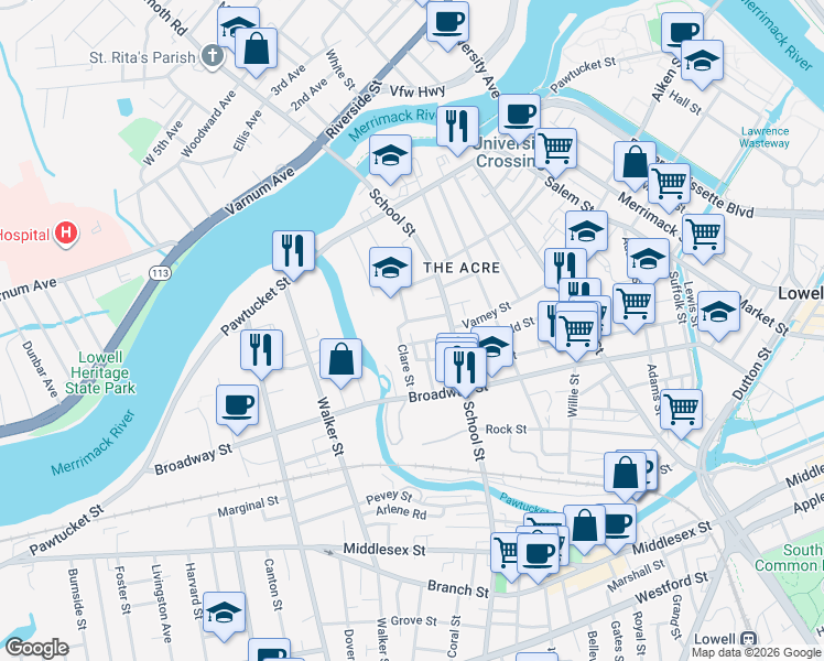 map of restaurants, bars, coffee shops, grocery stores, and more near 122 Wannalancit Street in Lowell