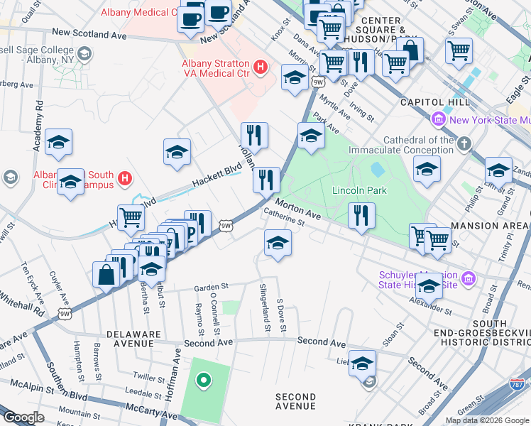 map of restaurants, bars, coffee shops, grocery stores, and more near 176 Delaware Avenue in Albany
