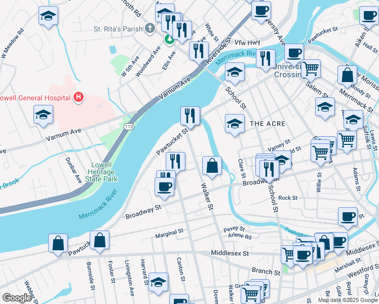 map of restaurants, bars, coffee shops, grocery stores, and more near 45 Walker Street in Lowell