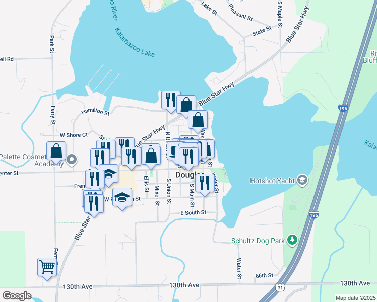 map of restaurants, bars, coffee shops, grocery stores, and more near 10 West Wall Street in Douglas