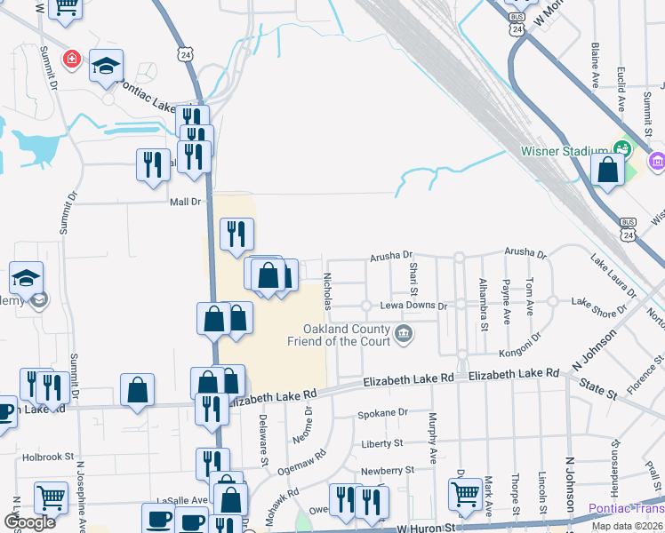 map of restaurants, bars, coffee shops, grocery stores, and more near 745 Arusha Drive in Pontiac