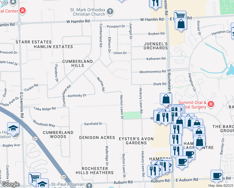 map of restaurants, bars, coffee shops, grocery stores, and more near 2370 Norton Road in Rochester Hills
