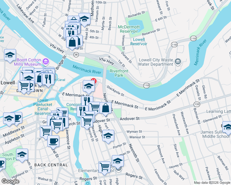 map of restaurants, bars, coffee shops, grocery stores, and more near 215 Stackpole Street in Lowell