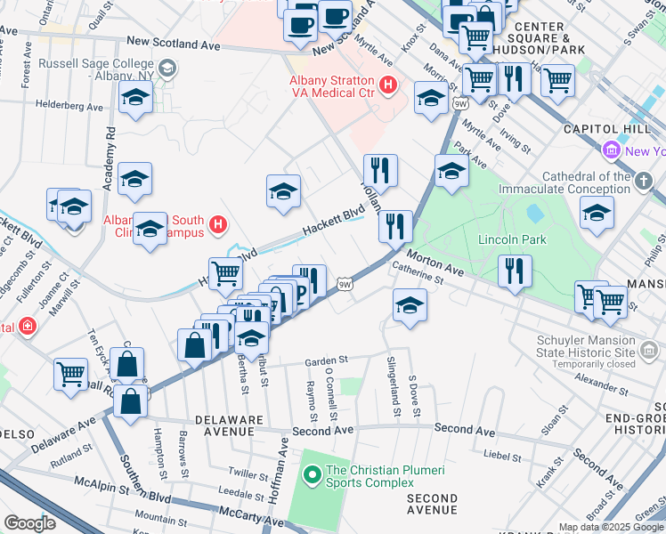 map of restaurants, bars, coffee shops, grocery stores, and more near in Albany