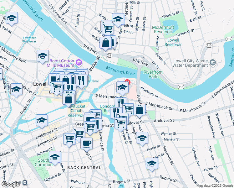 map of restaurants, bars, coffee shops, grocery stores, and more near 12 Fayette Street in Lowell