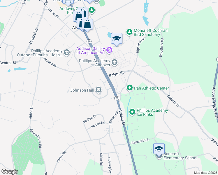 map of restaurants, bars, coffee shops, grocery stores, and more near 213 Main Street in Andover
