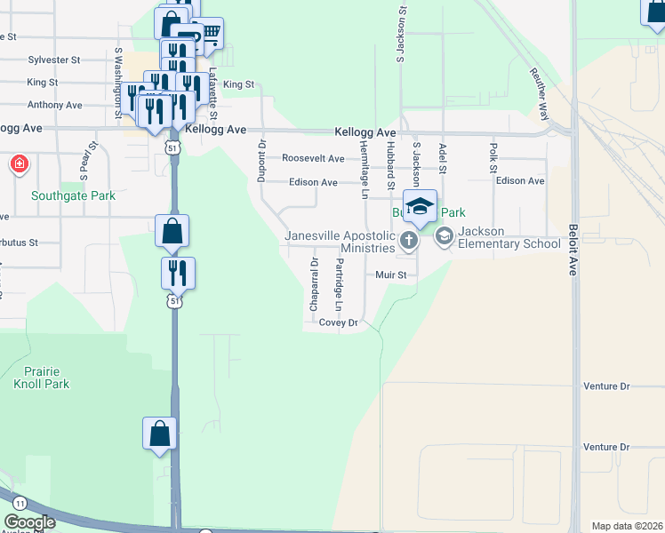 map of restaurants, bars, coffee shops, grocery stores, and more near 2328 Partridge Lane in Janesville