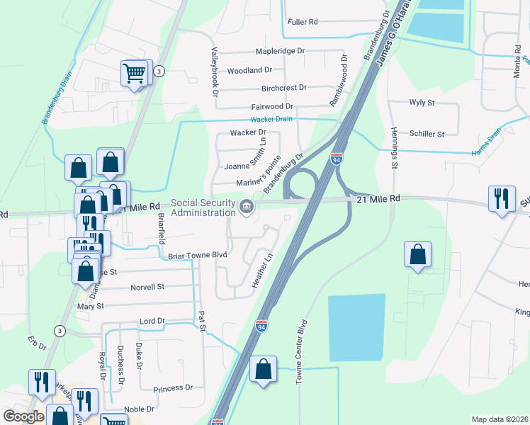 map of restaurants, bars, coffee shops, grocery stores, and more near 26320 21 Mile Road in New Baltimore