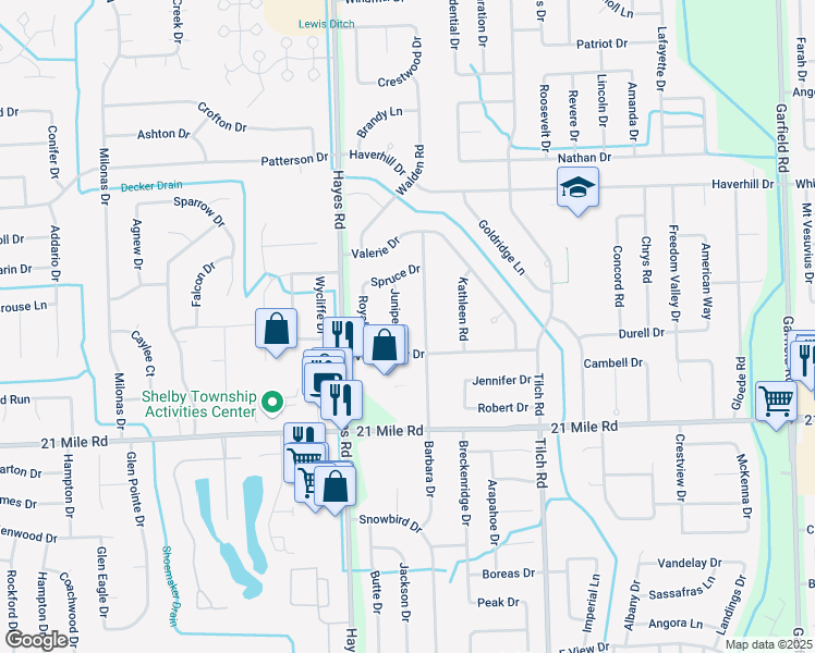 map of restaurants, bars, coffee shops, grocery stores, and more near 47405 Barbara Road in Macomb