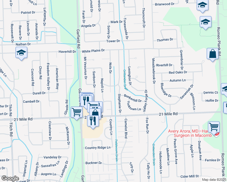 map of restaurants, bars, coffee shops, grocery stores, and more near 47298 Nola Drive in Macomb