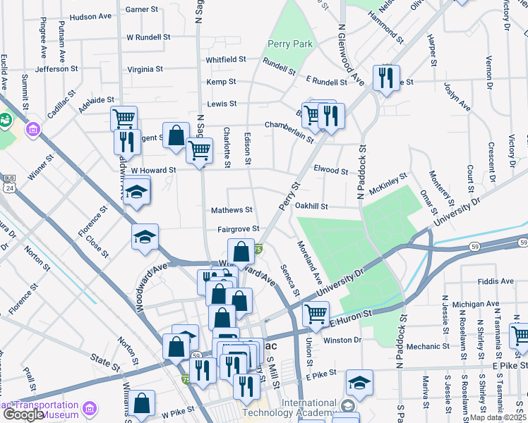 map of restaurants, bars, coffee shops, grocery stores, and more near 24 Edison Street in Pontiac