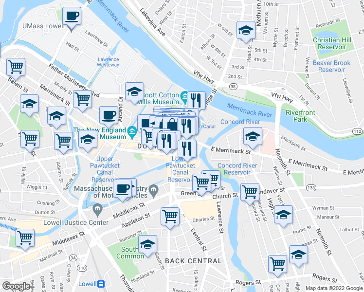 map of restaurants, bars, coffee shops, grocery stores, and more near 27 Kearney Square in Lowell