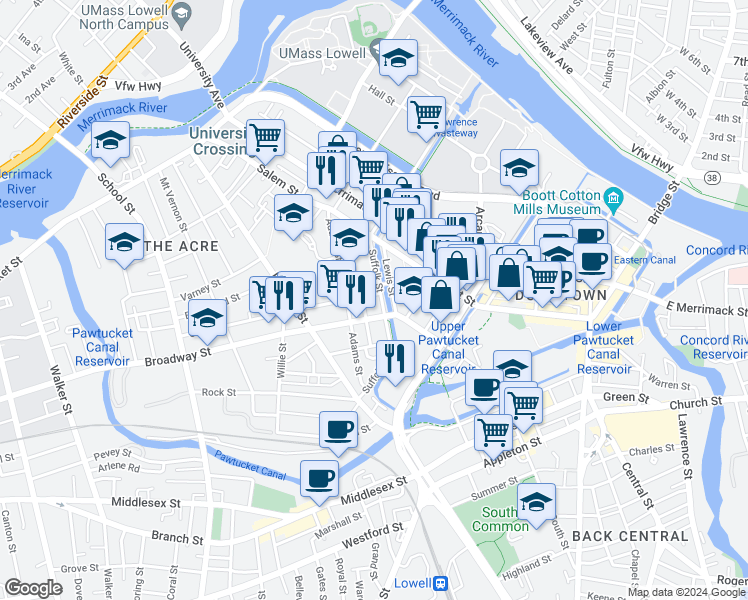 map of restaurants, bars, coffee shops, grocery stores, and more near 2 Cross Street in Lowell