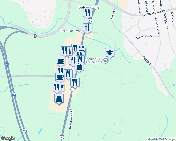 map of restaurants, bars, coffee shops, grocery stores, and more near 3 Grandview Drive in East Greenbush