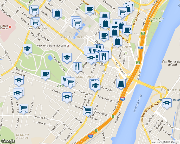 map of restaurants, bars, coffee shops, grocery stores, and more near 3.5 Wilbur Street in Albany