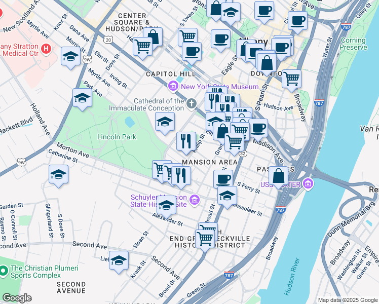 map of restaurants, bars, coffee shops, grocery stores, and more near 97 Philip Street in Albany