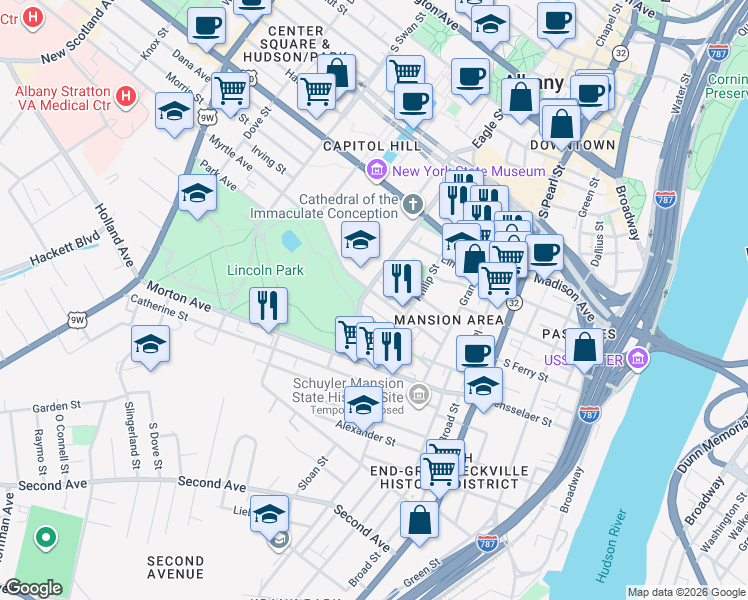 map of restaurants, bars, coffee shops, grocery stores, and more near 67 Park Avenue in Albany