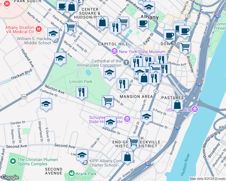 map of restaurants, bars, coffee shops, grocery stores, and more near 67 Park Avenue in Albany