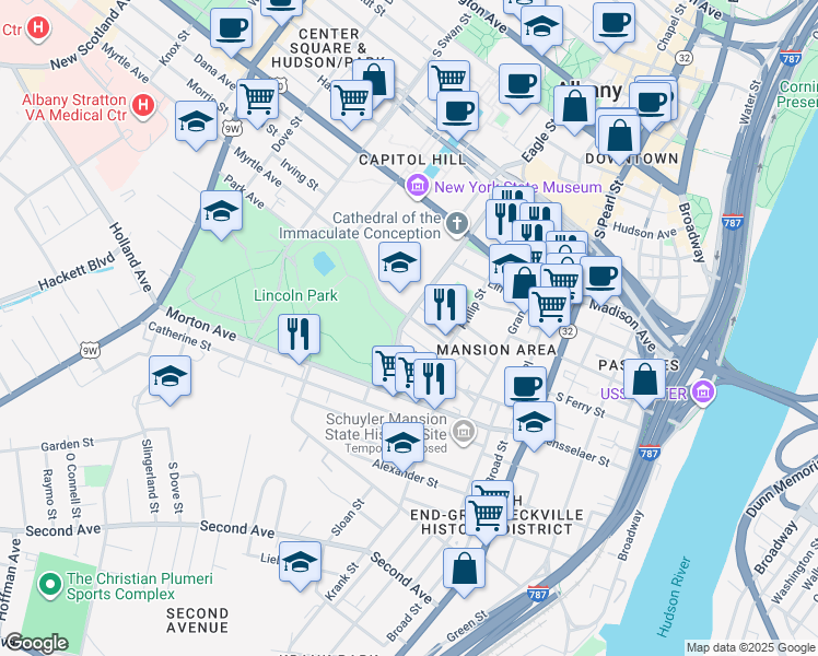 map of restaurants, bars, coffee shops, grocery stores, and more near 67 Park Avenue in Albany