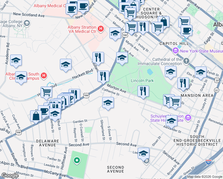 map of restaurants, bars, coffee shops, grocery stores, and more near 266 Morton Avenue in Albany