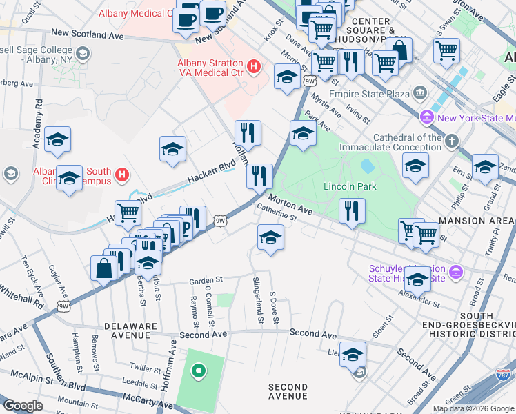 map of restaurants, bars, coffee shops, grocery stores, and more near 176 Delaware Avenue in Albany